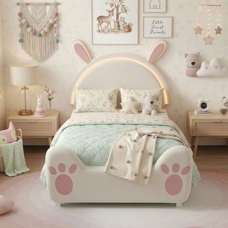 Lit Enfant 90x200 cm avec Tête de Lit Lapin, Lit Simple avec Éclairage LED et Sommier à Lattes, Design Rembourré pour Fille - Rose