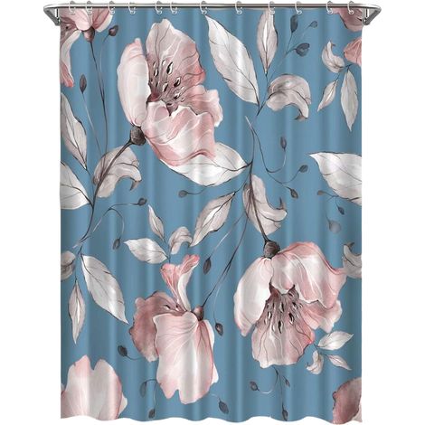 Rideau De Douche Floral - Polyester Imperméable 100 % - Fond Bleu Avec Roses Et Feuillages - 183 x 183 cm - 1 Pièce