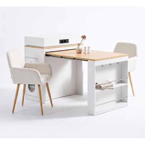 FurnitureR MDF Klapptisch Set mit 2 Stoffstühlen in Eichenoptik 3-teiliges Essset mit MDF-Klapptisch, Stauraum, Steckdosenmodul und 2 beigen Armlehnstühlen (1/5)