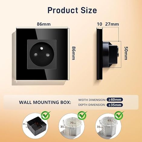 French Standard 16A Single AC Power Socket with Crystal Glass Panel (1/3)