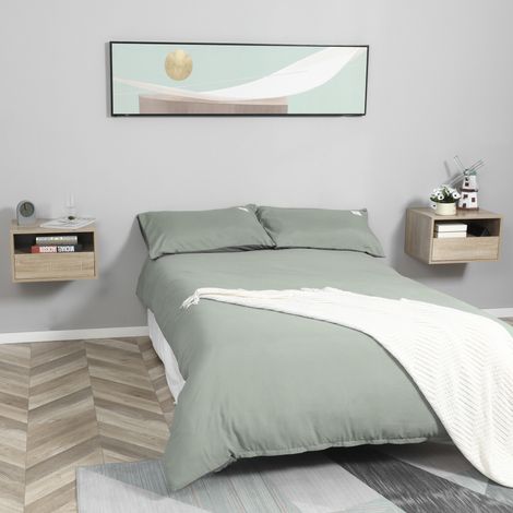 HOMCOM Lot de 2 Tables de Chevet murales - Lot de 2 Tables de Nuit - tiroir Coulissant. Niche. Plateau - Panneaux Particules Aspect chêne Clair (1/5)