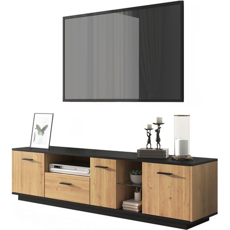 Meuble TV avec 1 tiroir, 3 portes, 2 niches ouvertes et LED Bluetooth 16 couleurs, noir et bois, MDF, 180 cm, salon moderne  CHICFURN (1/5)