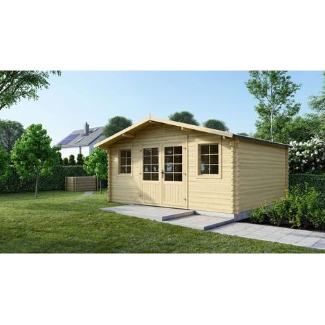 Altanka – Abri de jardin en bois 19,20m² – Dimensions 4,80x4m – Épaisseur 40mm – Toit à deux pentes – Double porte vitrée oscillo-battante (1/5)