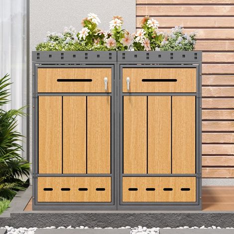 Doppelter Mülltonnenunterstand 132 x 80 x 124 cm – Unterstand mit Blumenkasten – Für 2 Mülltonnen 120–240 l – Stahl und Holzoptik (1/5)