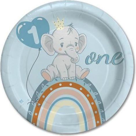 Assiettes En Carton - Biodégradables - Pour Premier Anniversaire Garçon - Motif Éléphant - Bleu Ciel - Ø 18 Cm - Lot De 8