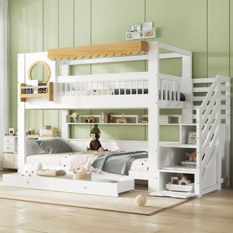 Lit superposé 90 x 200 cm enfant en bois blanc naturel avec rangements et escalier (1/5)