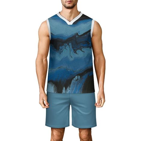 Men's Basketball Set, Adult Basketball Jersey, Sleeveless V-Neck Sports Outfit, Tank Top and Shorts for Fitness, Match, Training, Watercolor Print (1/5)