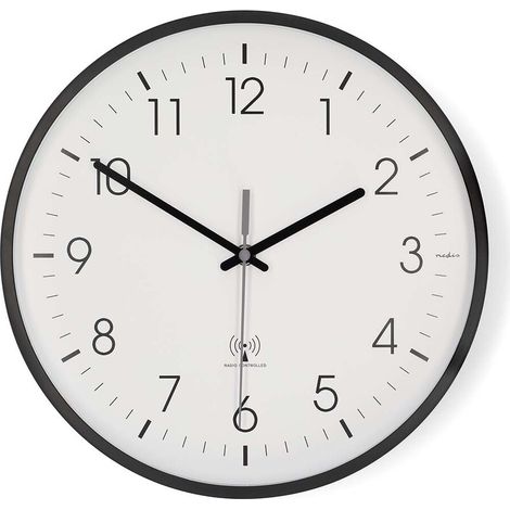 Nedis Wanduhr / Durchmesser: 300 mm / Kunststoff / Funkgesteuerte Zeit / Leise Bewegung / Schwarz / Weiss