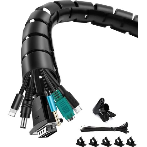 Cache Cable, Range Câble 2x1.5M, Noir, Manchon de Rangement Organisateur de Câble avec 20 Colliers de Câble, 5 Clips de Câble Adhésifs, 1 Clip de Guidage de câble 16 mm + 22 mm (1/5)
