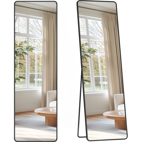Miroir Intégral, 150 x 40 cm, Miroir Rectangulaire sur Pied, à Poser au Sol, Cadre en Alliage d’Aluminium, Verre Trempé, pour Chambre, Salon, Dressing, Noir d'encre (1/5)