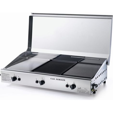 Barbecue triple plaque de cuisson à gaz LPG avec 3 plaques en acier inoxydable et fonte avec couvercle Made in Italy