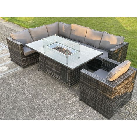 Fimous Outdoor Corner Rattan Garden Furniture Set Gas Fire Pit Table Sets Gas Heater Lounge Chair Dark Grey 7 Seater (1/4)