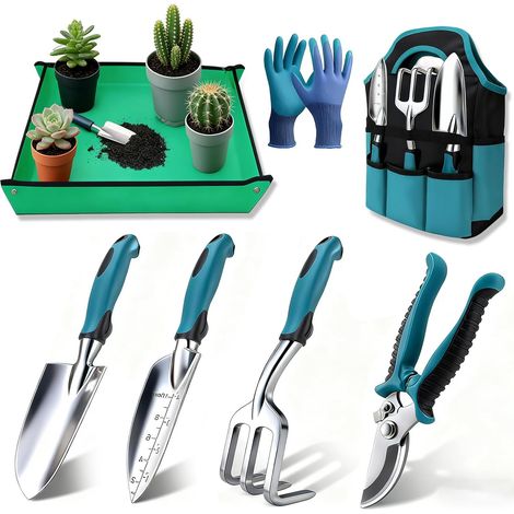 Set de 7 Outils de Jardinage avec Gants et Sac de Rangement, poignées ergonomiques antidérapantes, pour travaux extérieurs (1/5)