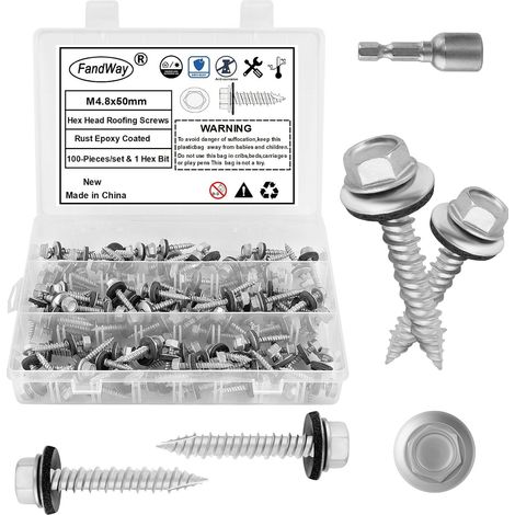 100 Pièces Vis Autoforeuses de Toiture,M4,8x50mm Vis à Tôle Autotaraudese à Tete Hexagonale et Autoperceuse pour Toit en Métal Avec Rondelles EPDM et 1 Embout. (1/5)