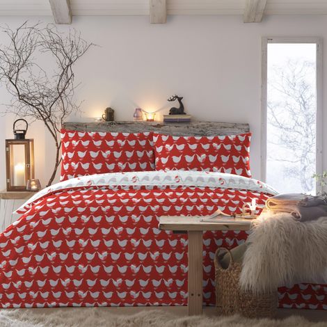 Housse de Couette Noël Red Robin - 200 x 200 cm - Réversible (2 Couleurs) - 2X taies d'oreiller incluses - Housse de Couette Red Robin Bird - Parure de lit de Noël en Rouge et Blanc (1/4)