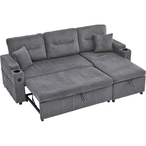 Divano letto 3 posti in velluto a coste grigio scuro con chaise longue contenitore USB-C HOMVRA (1/5)