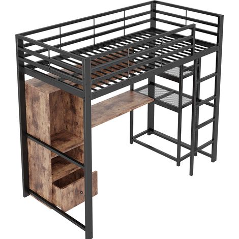 Letto a soppalco 90 x 200 cm in metallo e MDF nero con scrivania, cassetto, ripiani e LED (1/5)