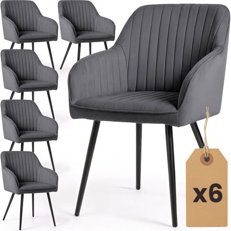 Lot de 6 Chaises en velours à surpiqûres FLORENCE Anthracite pieds noirs (1/5)