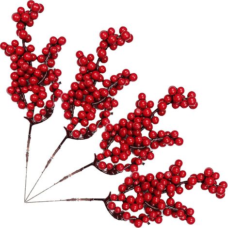 Lot de 20 branches de baies artificielles, mini fleurs de baies de Noël rouges, baies rouges décoratives pour sapin et couronnes, fausses baies réalistes (1/5)