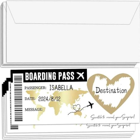 Carte À Gratter Personnalisée - Carte D'embarquement Et Billet De Voyage - Enveloppe Dorée Et Autocollant À Gratter - Lot De 1 (1/5)