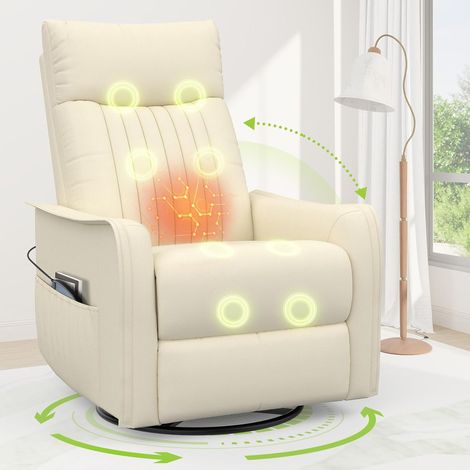 Fauteuil TV, fauteuil de massage inclinable, fauteuil de détente avec fonctions de chauffage et de massage, fauteuil TV pivotant à 360°, deux poches latérales, PU blanc (1/5)