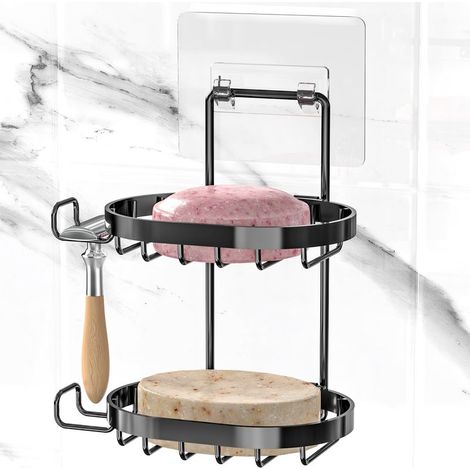 Porte-savon double couche, porte-savon avec crochet, porte-savon et porte-shampoing mural (noir) (1/5)