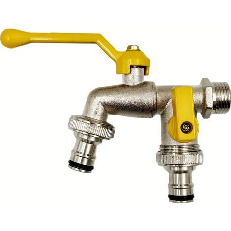 Stainless steel garden tap, double outlet, ideal for garden watering, silver color. (1/5)