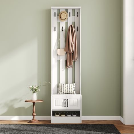 Schuhschrank mit Sitzbank, 2 Türen, 8 Haken, Weiß, 50 x 36 x 190 cm HAVRYA (1/5)