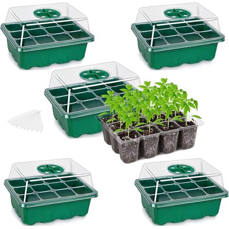 5-Pack Seed Starter Trays, Seed Starter Kit with Adjustable Humidity Dome and Base Indoor Greenhouse Mini Propagator for Seeds Growing Starting (12 Cells Per Tray, Green) (1/5)