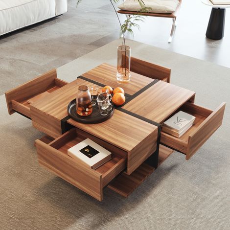 Kérian Table basse avec 4 tiroirs, design lignes et couleurs originales, rangement inférieur, 78 × 78 × 36 cm (1/5)