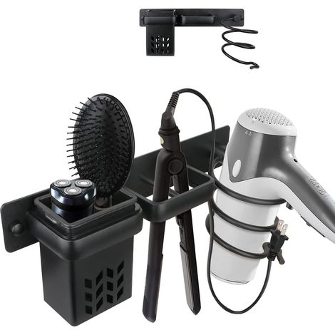 Porte Sèche-Cheveux en Aluminium Salle de Bain Rangement Accessoires Support Organisateur Ensemble et Lisseur Mural Professionnel D'étagère Avec,Noir