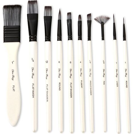 Lot de 10 pinceaux nylon noir et blanc, manche blanc, set avec étui transport (1/5)