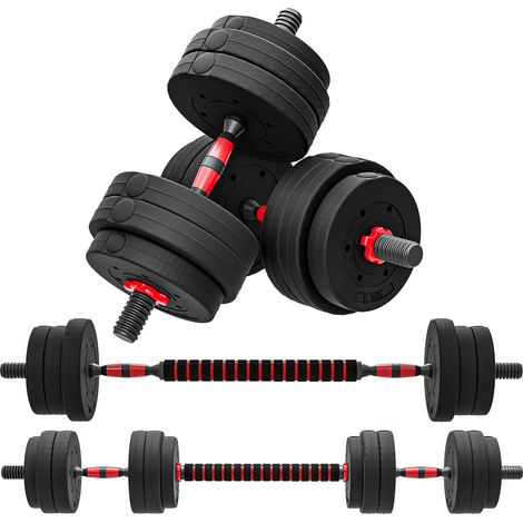 Kit Haltères Musculation 2-en-1, Lot de 2, 25 kg, poids réglable - Barres incluses - entraînement Musculaire & haltérophilie - HDPE Noir Rouge (1/5)