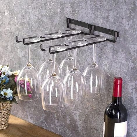 Porta bicchieri da vino, 2 pezzi, porta bicchieri con viti, supporto in metallo resistente da appendere, adatto per 4 bicchieri, per cucina, bar, ristorante, nero (1/3)