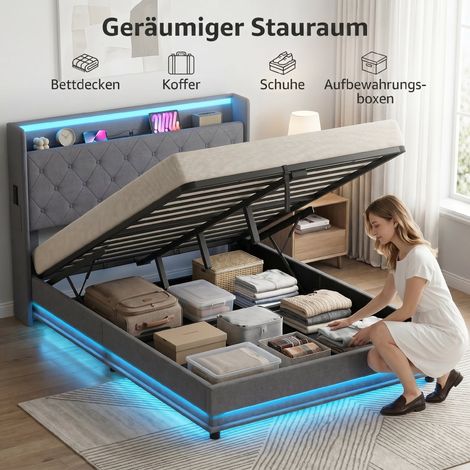 Lit plateforme 140x200 cm avec tête et pied, sommier intégré, coffre de rangement hydraulique et éclairage LED. (1/5)