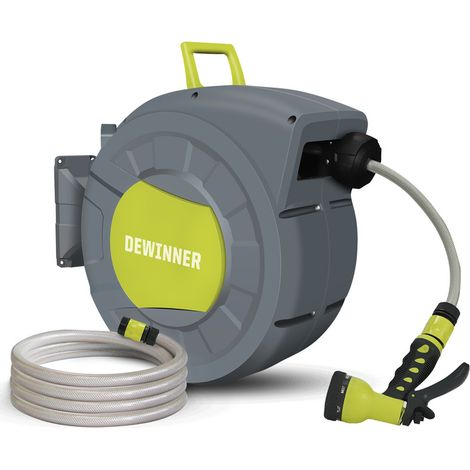 DEWINNER Enrouleur de Tuyau D'arrosage 30M, Enrouleur Automatique Mural avec Buse de Pulvérisation, Pivotant à 180°, Tuyau Arrosage Avec Enrouleur, 7 Fonctions, Pour Arroser Pelouse Jardin