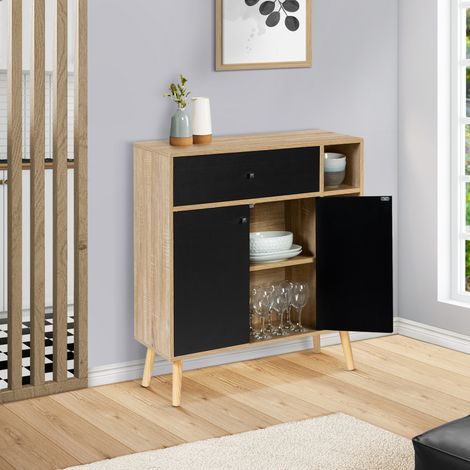 EMMIE Mueble de almacenaje escandinavo de madera y negro con armario y cajón (1/5)