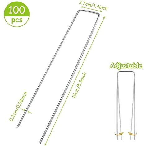 Lot de 100 piquets de jardin en forme de U de 15.2 cm, piquets de fixation en métal, agrafes de paysage, pinces à membrane de mauvaises herbes, filet, clôtures