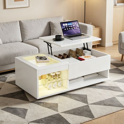 Tavolino da salotto sollevabile multifunzione con piano e ripiani in vetro, LED, vano nascosto, finitura lucida, 100 x 55 x 35 cm - Bianco
