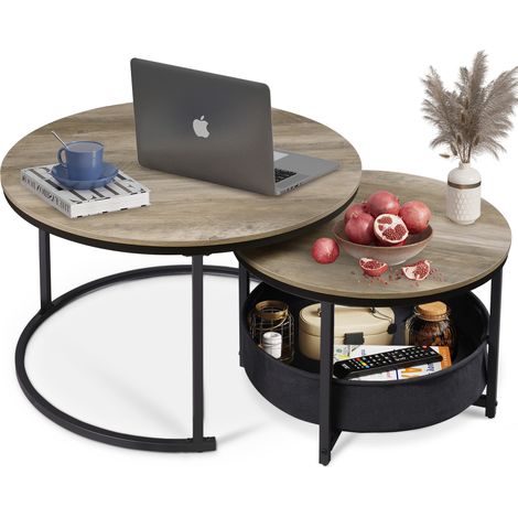Ensemble de deux sets de table ronds WLIVE au design moderne et panier en tissu. Diamètre de la table : 80 cm. Convient aux chambres et aux bureaux. Chêne gris.