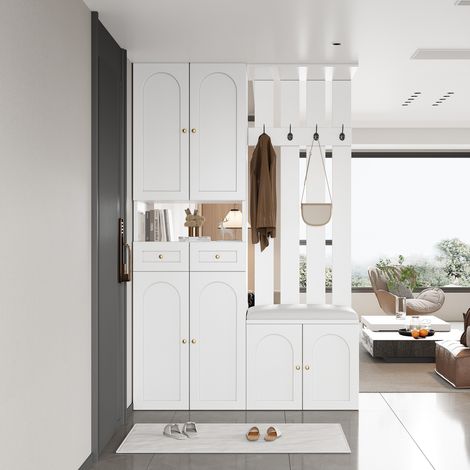 Vestiaire d'entrée moderne 180x37x110cm - Avec 2 tiroirs et et 6 portes - Avec banc à chaussures et meuble à chaussures - Blanc