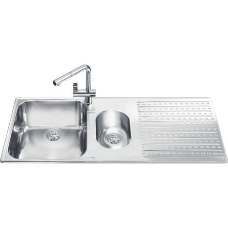 Lavello incasso 2 vasche e gocciolatoio destro 100x50 Smeg LTS102D2 inox spazzolato (1/2)