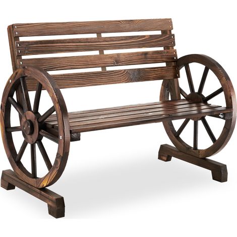 Banc de jardin Howdy, design « roue charrette », bois massif flammé - (1/5)