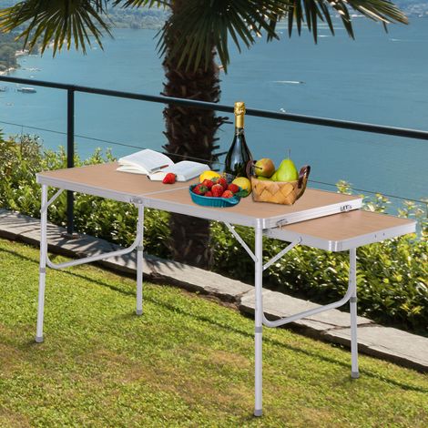 Outsunny Table de camping pliante avec rallonge, hauteur réglable, imitation bambou