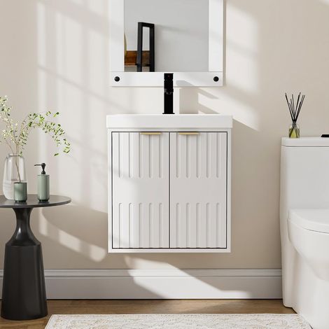 UEV Meuble de Salle de Bain Suspendu avec Vasque - Armoire sous-Lavabo 2 Portes Finition Bois - Gain de Place & Entretien Facile, Idéal pour Petites Salles de Bain et WC 50 x 38 x 55 cm, Blanc