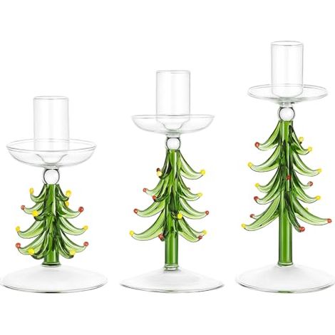 Ensemble de 3 bougeoirs sapin de Noël, supports en verre festifs pour bougies coniques, décoration de table et de centre de table pour les fêtes, vert