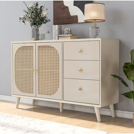 Buffet 120x40x82.5 cm blanc cassé en panneaux de particules avec cannage, 2 portes, 3 tiroirs et ouverture push-to-open (1/5)