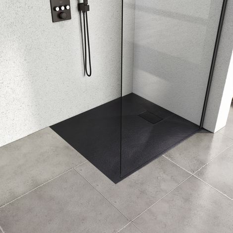 Heilmetz – Receveur de douche à poser 90 x 90 cm – Pierre extra plat SMC – Antidérapant noir – Écoulement rapide et structure renforcée