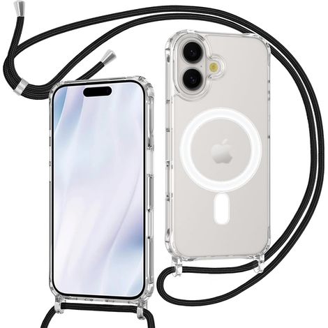 Coque pour iPhone 17 avec Cordon Compatible avec MagSafe, Housse Magnétique Transparente Étui avec Collier Réglable Résistant Silicone Case, Chaîne Noir (1/5)