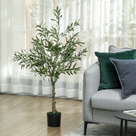 Pianta artificiale decorativa di ulivo, alta 120 cm, con 450 foglie e 20 olive in vaso, per uso interno, colore verde.